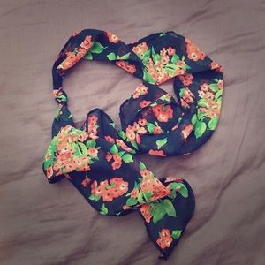 Pink and Blue Floral Print Scarf