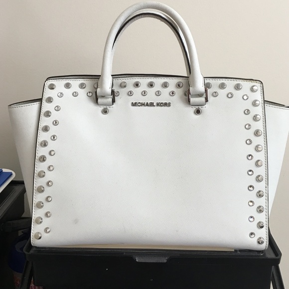 Authentic MK White w/Studs+Stones Saffiano Satchel