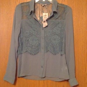 NWT light teal sheer lace inset blouse