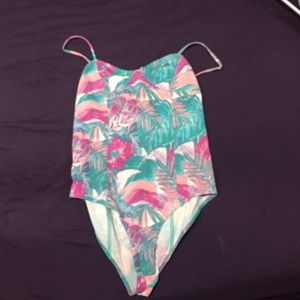 turquoise and pink tropical bodysuit