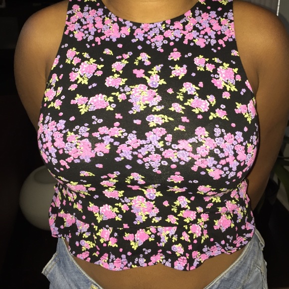 Black, Pink and Purple Flower Frill crop top - Picture 1 of 1