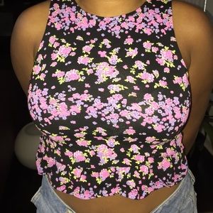 Black, Pink and Purple Flower Frill crop top