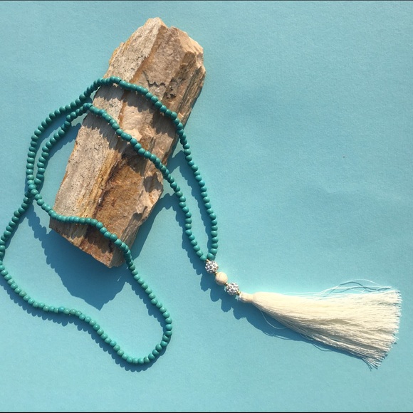 Beach Wave  Jewelry - Turquoise Necklace with Crystal & Tassel Pendant