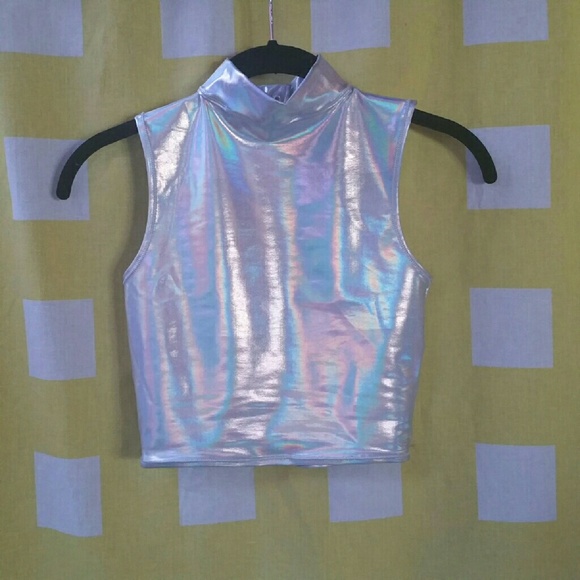 Silver Holo Sleeveless Crop Top With Keyhole Back
