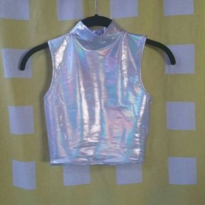 Silver Holo Sleeveless Crop Top With Keyhole Back