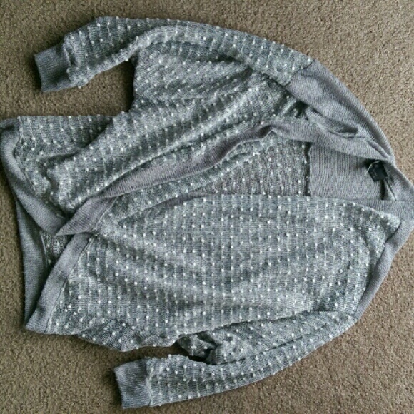 Grey cardigan with white poka dots