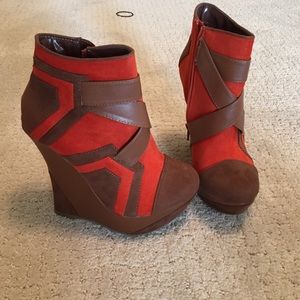 Wedge boots, orange and brown! Never been worn