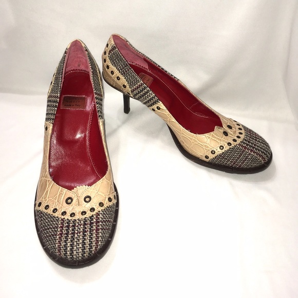 GOFFREDO FANTINI Plaid Wool Croc LTHR Trim PUMPS - Picture 1 of 4