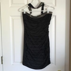 Black strapless dress with beads on strap