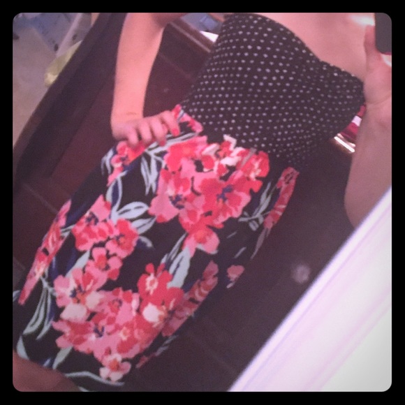 Polka Dot and Floral Print Strapless Dress