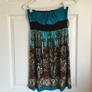 Strapless teal and brown dress