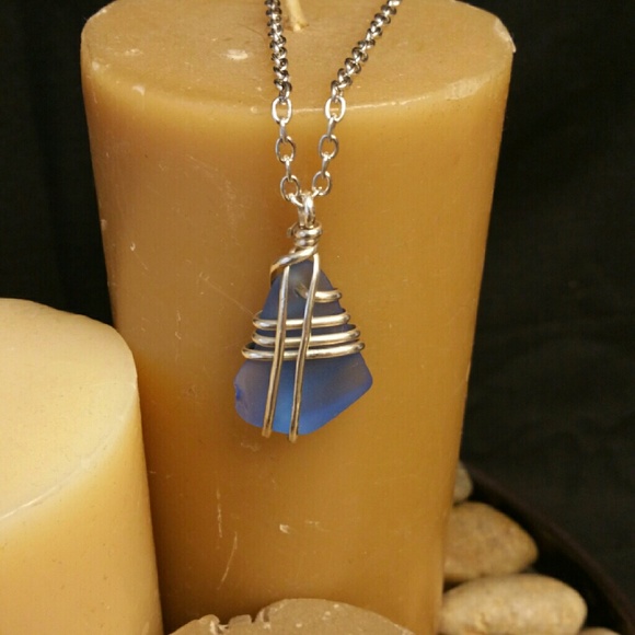 Pendant, silver wrapped blue sea glass - Item 69