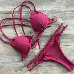 Braided strappy back Brazilian bikini burgundy