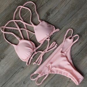 Braided strappy back Brazilian bikini light pink