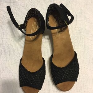 Toms Black Crochet Cork Wedge Shoes