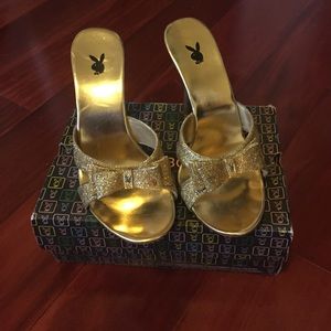 Gold Glitter PLAYBOY Bow Slip On High Heel Shoes