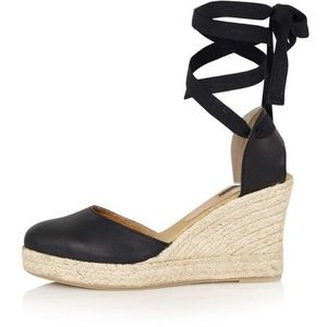 Topshop Black Lace Up Wedge Espadrilles