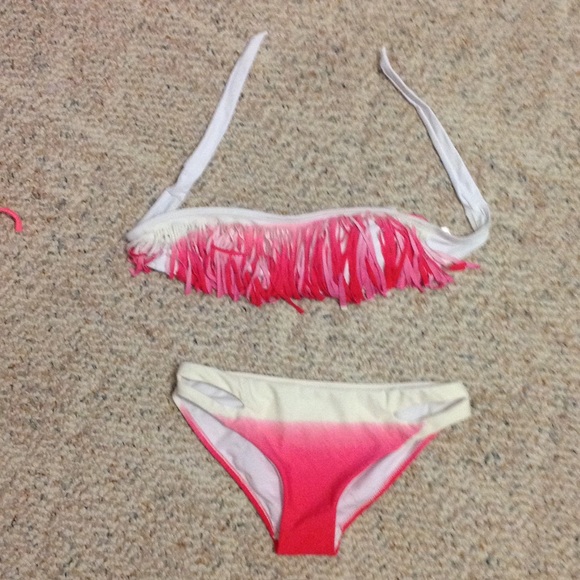 White with pink fringe swimsuit