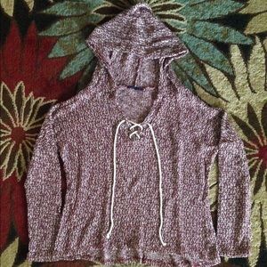 Lace-up front hooded sweater