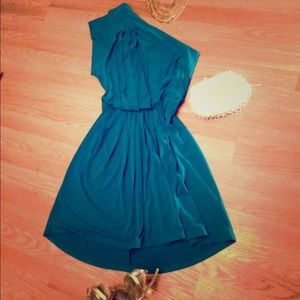 BCBG Teal one shoulder strapless cocktail gown