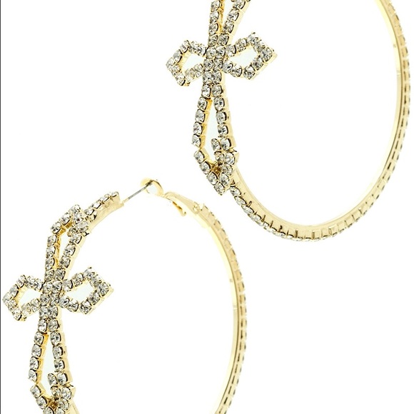 3/$20 - Golden Pave Crystal Cross Hoop Earrings - Picture 3 of 3