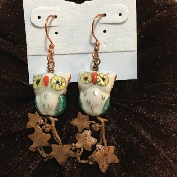 ‼️HP‼️COPPER BRANCH CERAMIC OWL EARRINGS