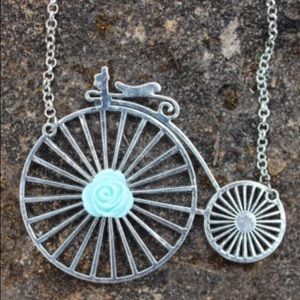 Vintage Silver Bicycle Necklace with Aqua Rose