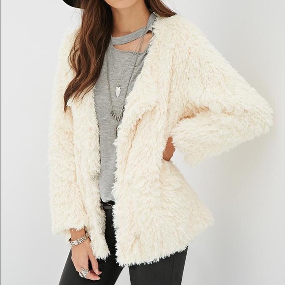 White Collar less Faux fur coat