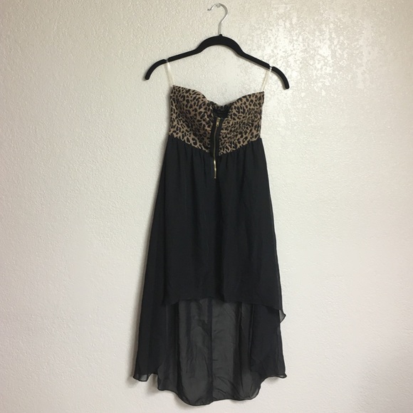 Leopard High-Low Strapless Dress w/ Faux Zipper
