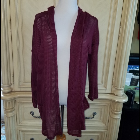 Wine hooded open front sweater - Picture 2 of 4