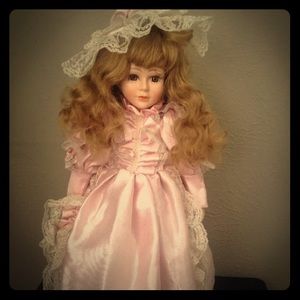 Victorian style porcelain doll pink dress