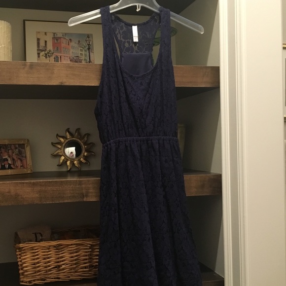 Navy blue eyelet midi length dress