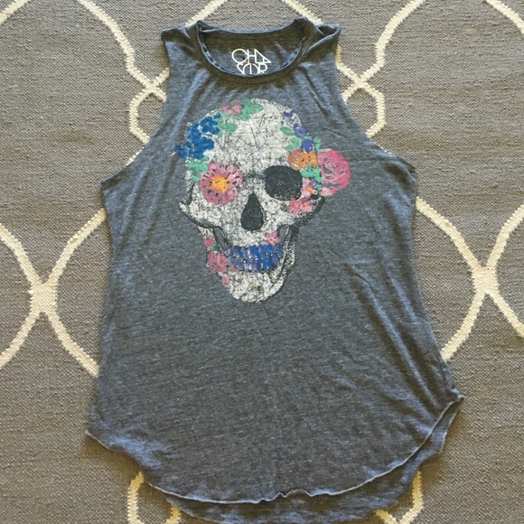 Chaser muscle tee with skull and flowers