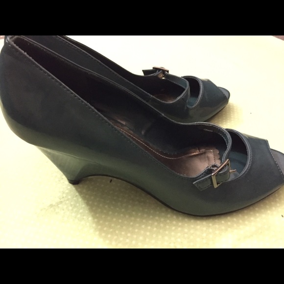 Patent leather teal kitten wedge heels