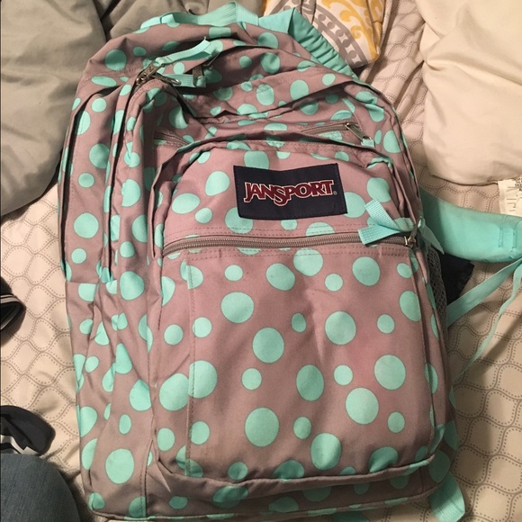 Mint and grey polka dot jansport backpack