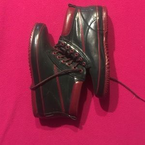 Red and green ankle booties