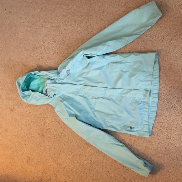 Light mint green north face rain jacket. Kids size