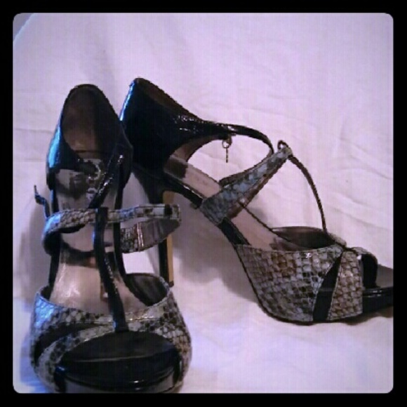 Light blue aqua snakeskin and black heels