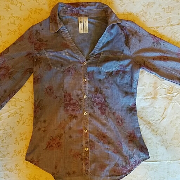 Denim Floral Print Button Up