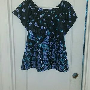 Apt. 9 Satiny Black and Blue Floral Blouse