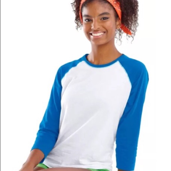 Baseball style tee. White and blue. Size large