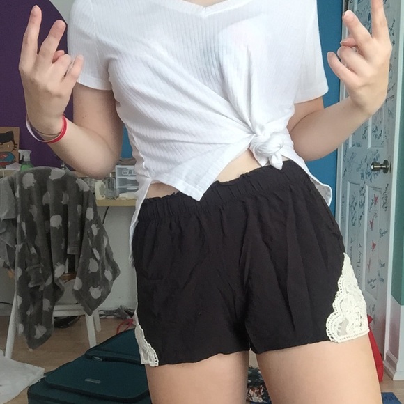 Black Bohemian Shorts with White Lace Detail