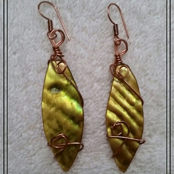 Wire-Wrapped Green Shell Earrings