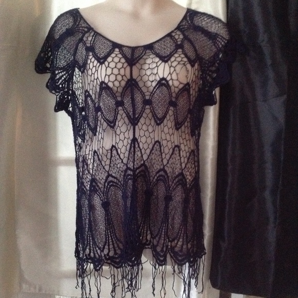 navy open lace shell