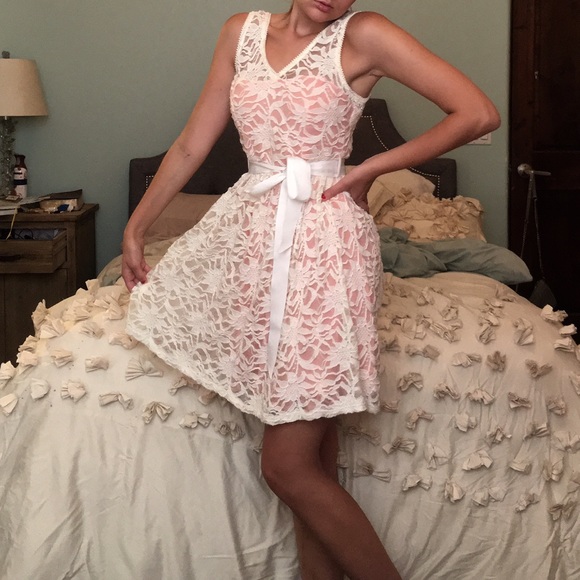 coral pink and white lace bow tank top dress