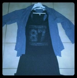 Gray maxi dress styled with chambray like top