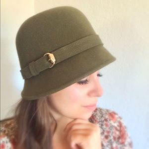 Olive Cloche Hat with Gold Buckle