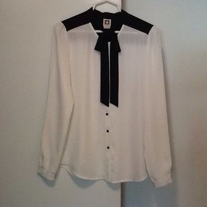 White Blouse with Black Bow & Button Trim