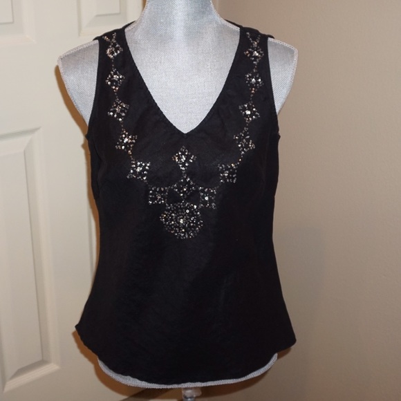 Beautiful beaded black linen tank