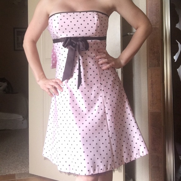 Pink w/brown polka dot tea length dress; size 7/8